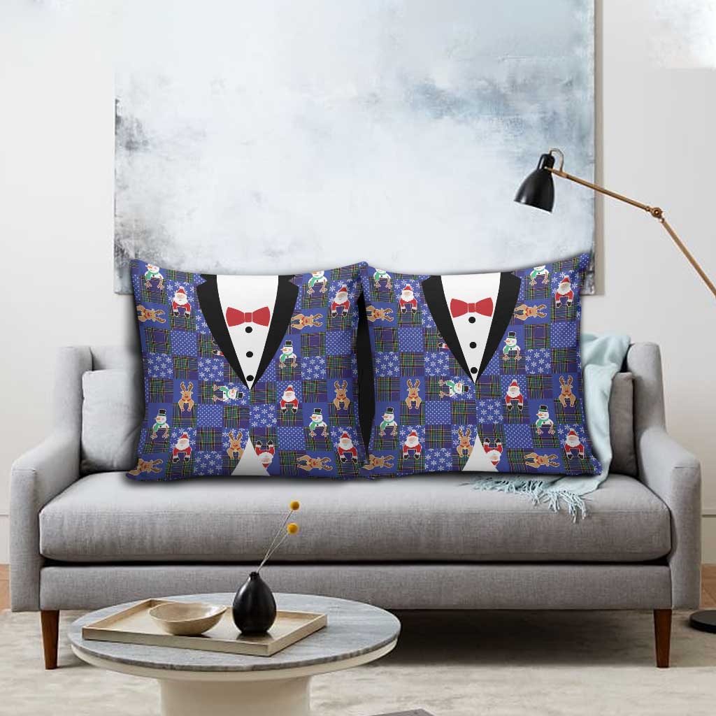 Christmas Patchwork Fake Tuxedo Pillow Cover Santa and Reindeer Blue Plaid Style - Wonder Print Shop