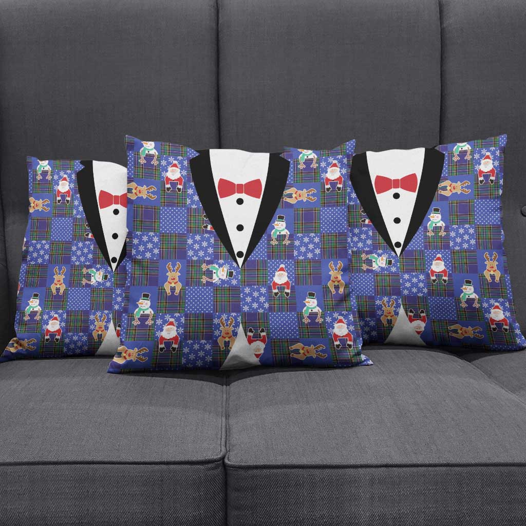 Christmas Patchwork Fake Tuxedo Pillow Cover Santa and Reindeer Blue Plaid Style - Wonder Print Shop