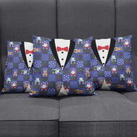 Christmas Patchwork Fake Tuxedo Pillow Cover Santa and Reindeer Blue Plaid Style - Wonder Print Shop