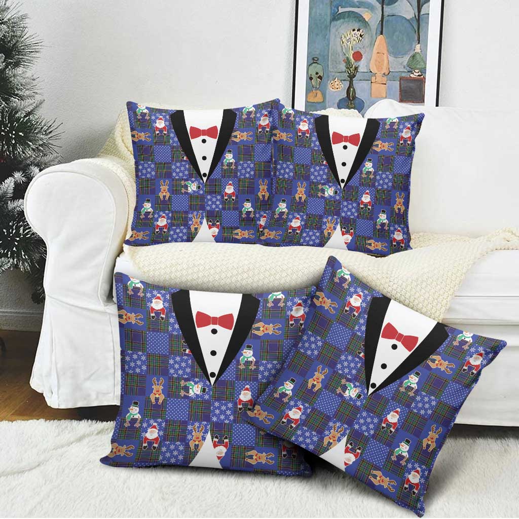 Christmas Patchwork Fake Tuxedo Pillow Cover Santa and Reindeer Blue Plaid Style - Wonder Print Shop