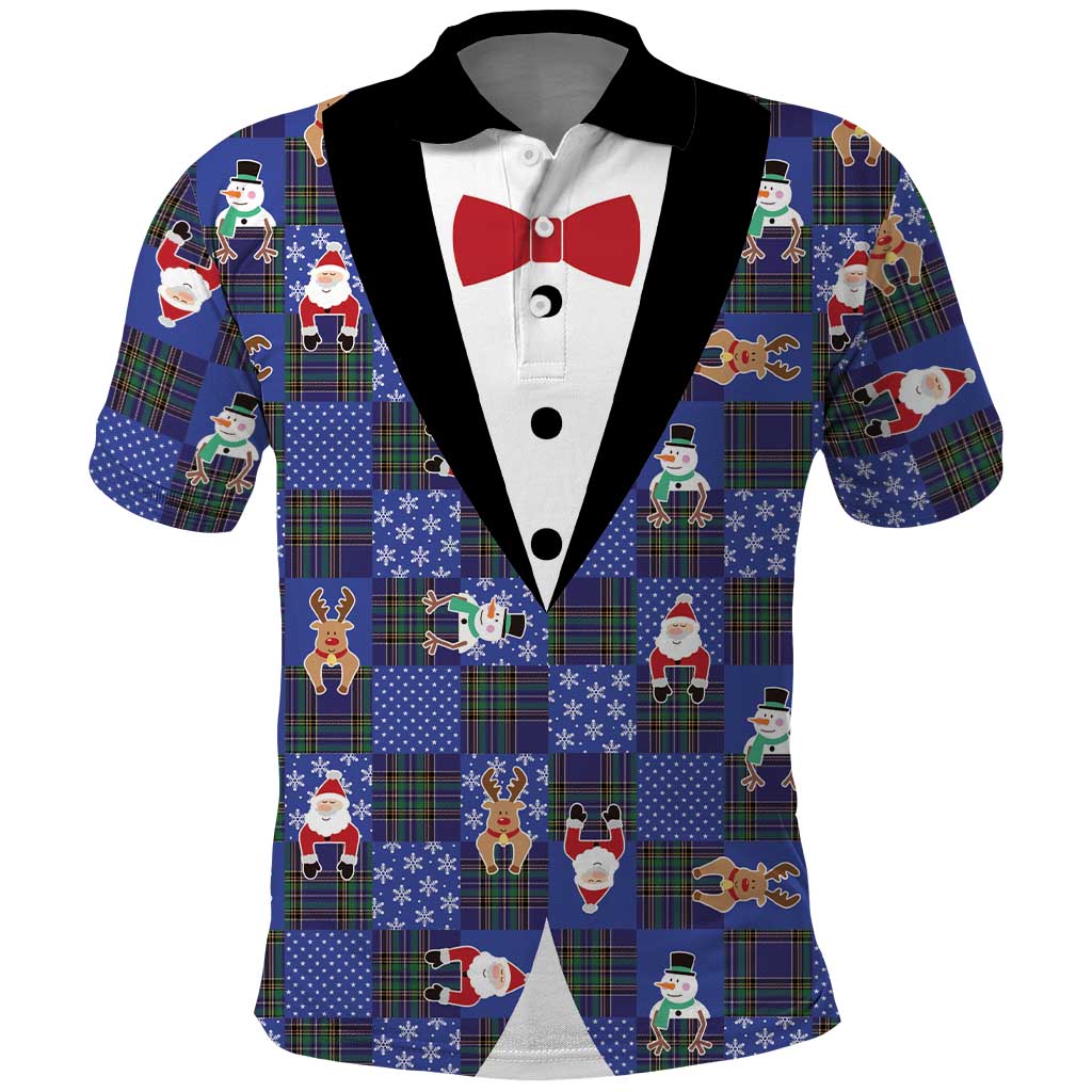 Christmas Patchwork Fake Tuxedo Polo Shirt Santa and Reindeer Blue Plaid Style - Wonder Print Shop