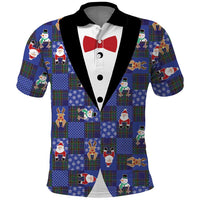 Christmas Patchwork Fake Tuxedo Polo Shirt Santa and Reindeer Blue Plaid Style - Wonder Print Shop