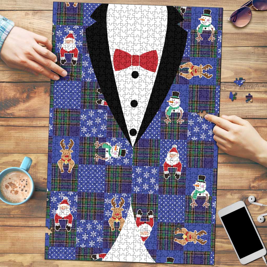 Christmas Patchwork Fake Tuxedo Puzzle Santa and Reindeer Blue Plaid Style - Wonder Print Shop