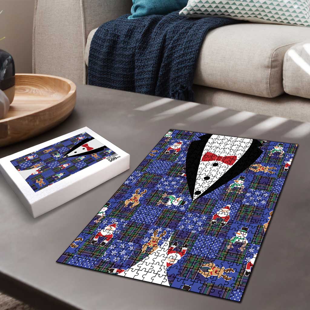 Christmas Patchwork Fake Tuxedo Puzzle Santa and Reindeer Blue Plaid Style - Wonder Print Shop