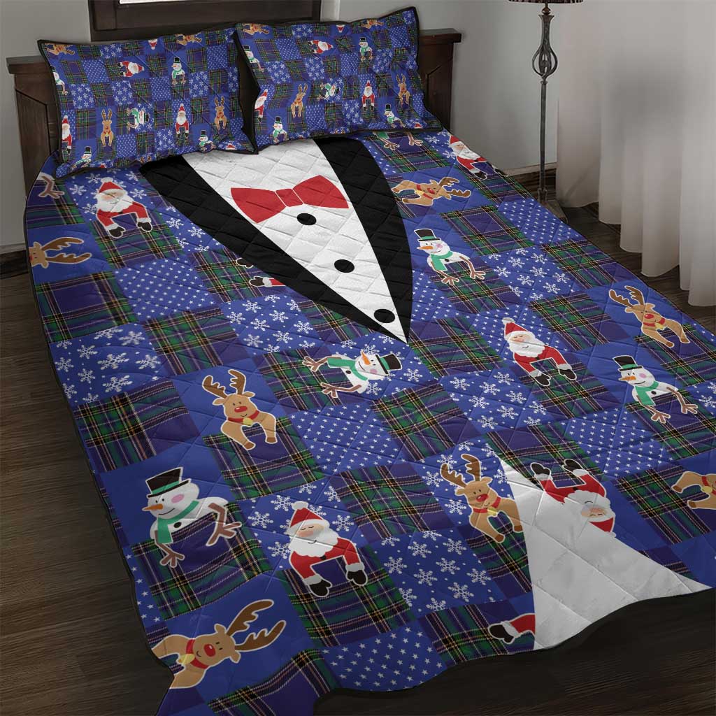 Christmas Patchwork Fake Tuxedo Quilt Bed Set Santa and Reindeer Blue Plaid Style - Wonder Print Shop