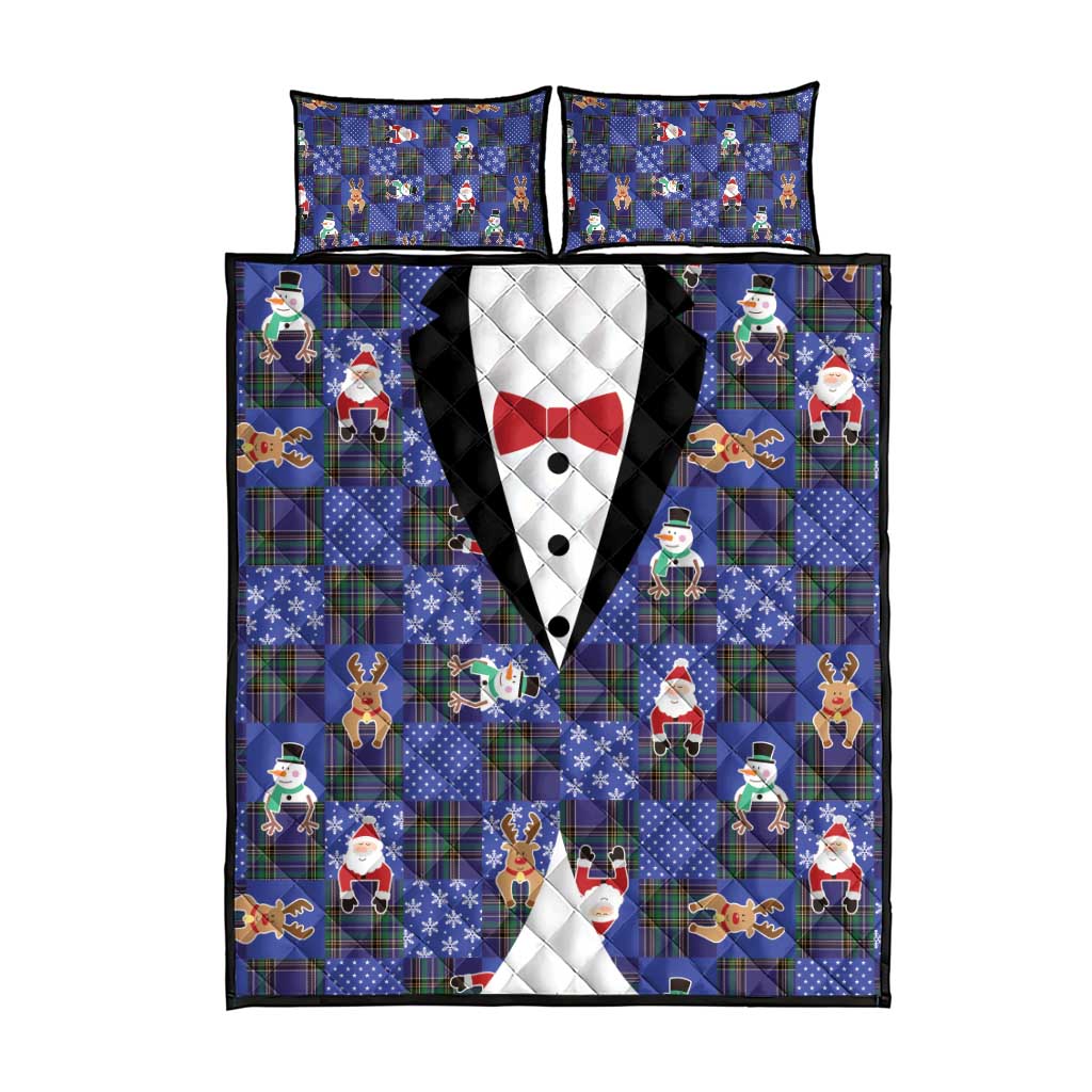 Christmas Patchwork Fake Tuxedo Quilt Bed Set Santa and Reindeer Blue Plaid Style - Wonder Print Shop