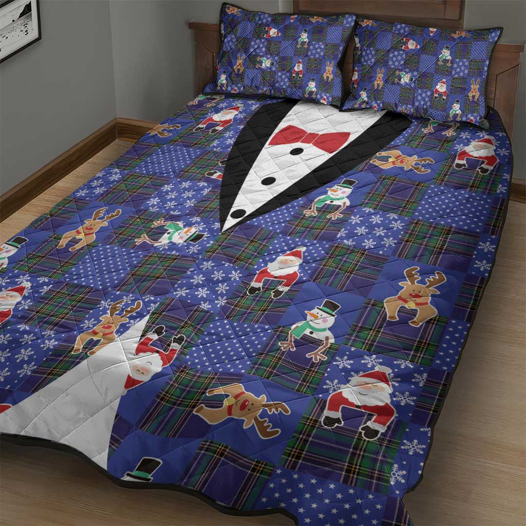 Christmas Patchwork Fake Tuxedo Quilt Bed Set Santa and Reindeer Blue Plaid Style - Wonder Print Shop