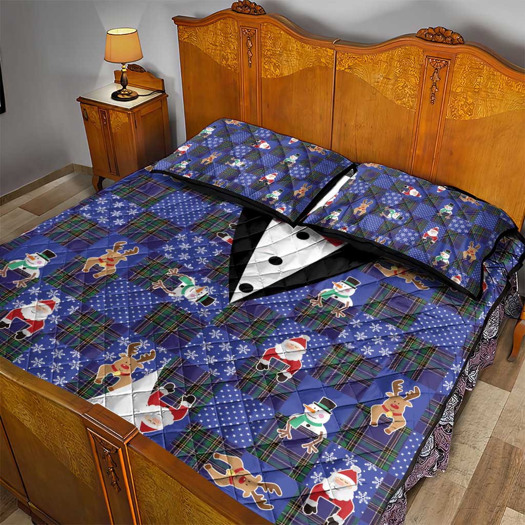 Christmas Patchwork Fake Tuxedo Quilt Bed Set Santa and Reindeer Blue Plaid Style - Wonder Print Shop