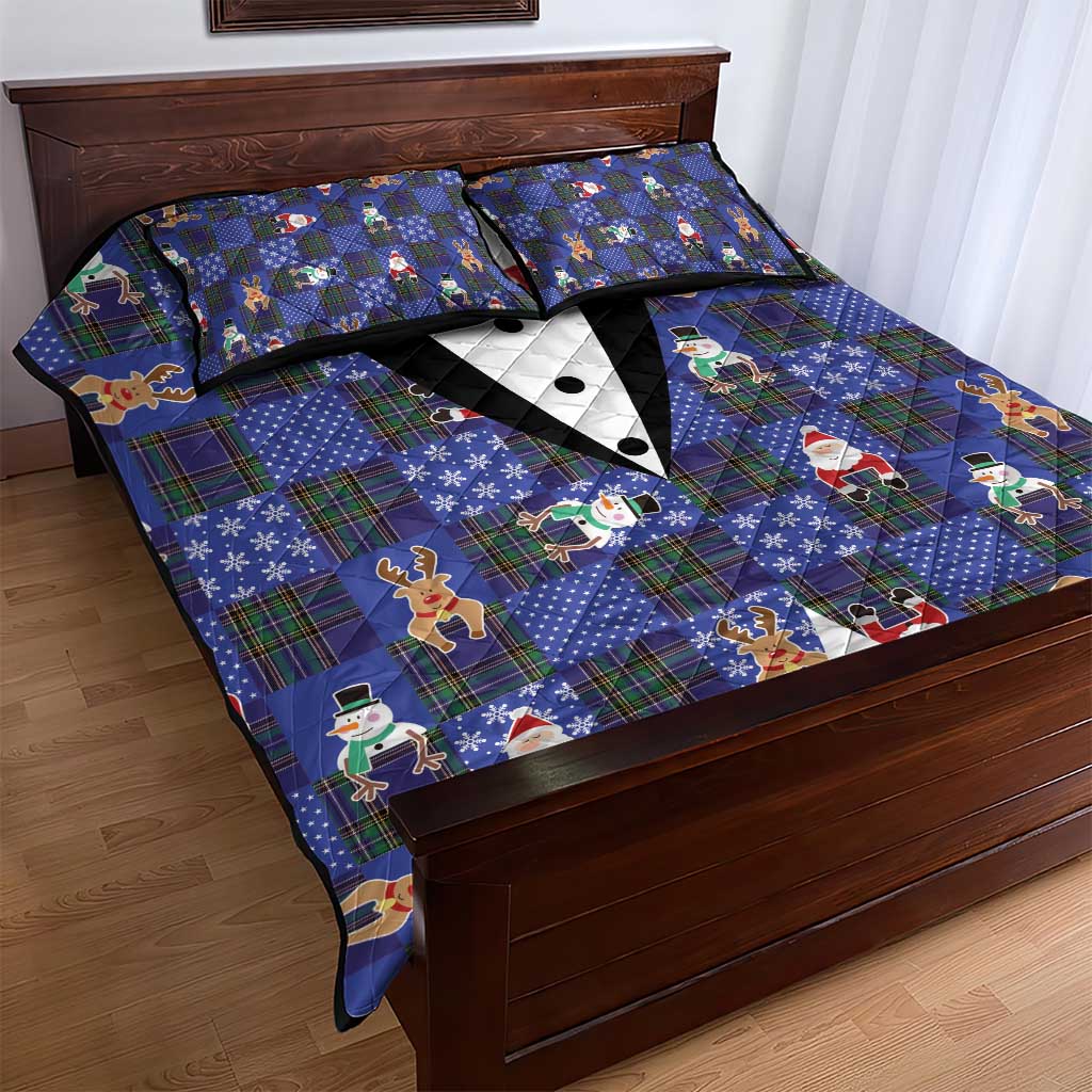 Christmas Patchwork Fake Tuxedo Quilt Bed Set Santa and Reindeer Blue Plaid Style - Wonder Print Shop