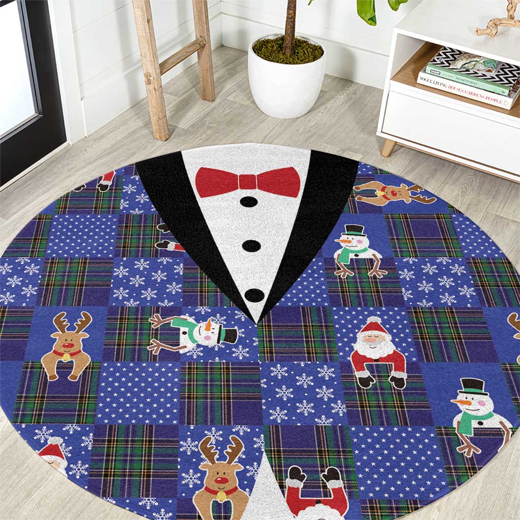 Christmas Patchwork Fake Tuxedo Round Carpet Santa and Reindeer Blue Plaid Style - Wonder Print Shop