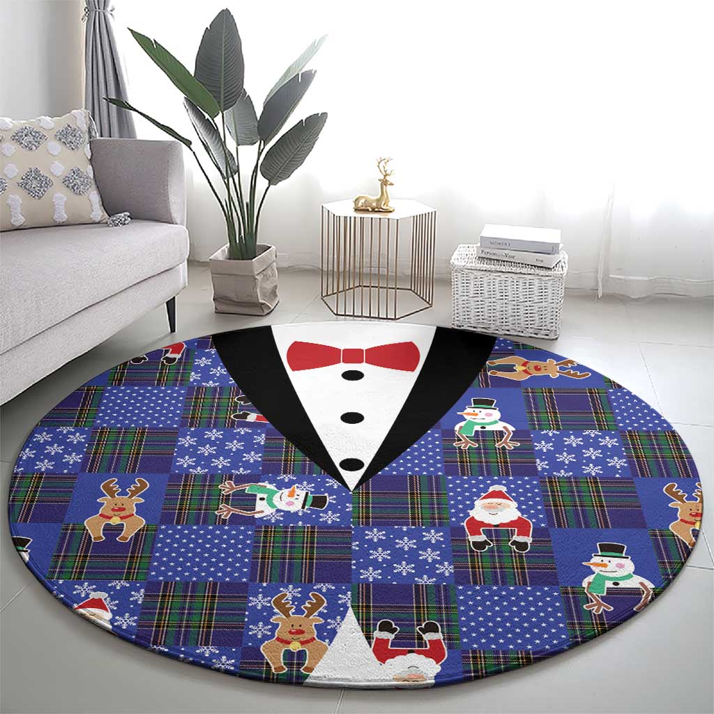 Christmas Patchwork Fake Tuxedo Round Carpet Santa and Reindeer Blue Plaid Style - Wonder Print Shop