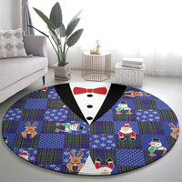 Christmas Patchwork Fake Tuxedo Round Carpet Santa and Reindeer Blue Plaid Style - Wonder Print Shop