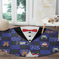 Christmas Patchwork Fake Tuxedo Round Carpet Santa and Reindeer Blue Plaid Style - Wonder Print Shop