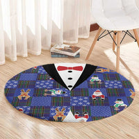 Christmas Patchwork Fake Tuxedo Round Carpet Santa and Reindeer Blue Plaid Style - Wonder Print Shop