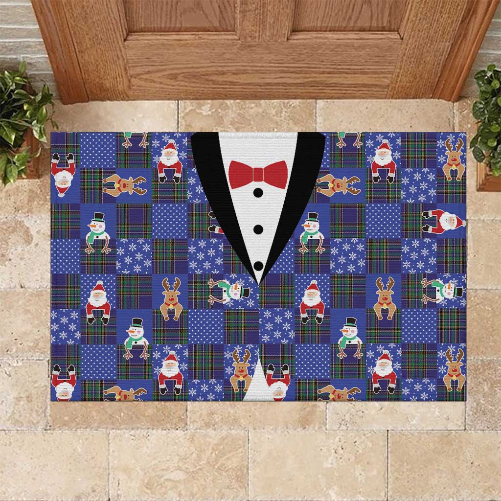 Christmas Patchwork Fake Tuxedo Rubber Doormat Santa and Reindeer Blue Plaid Style - Wonder Print Shop