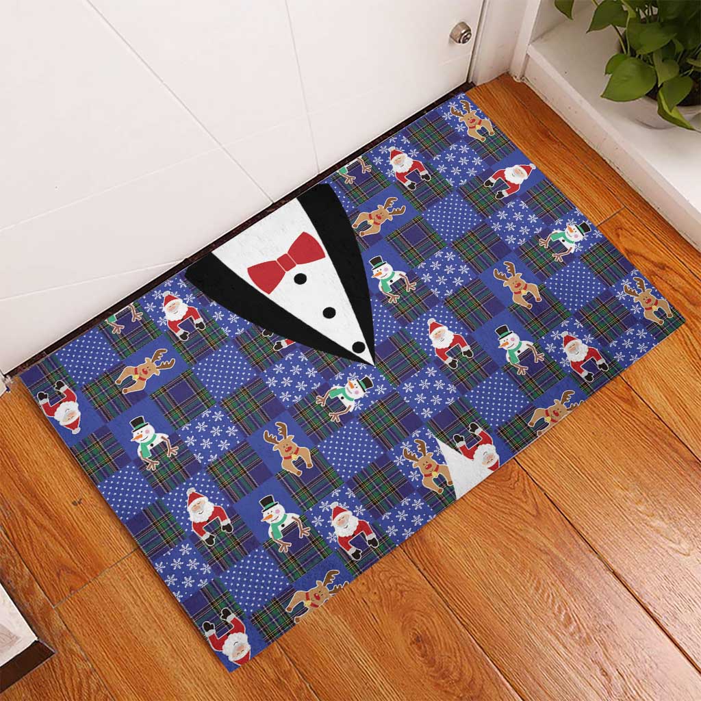 Christmas Patchwork Fake Tuxedo Rubber Doormat Santa and Reindeer Blue Plaid Style - Wonder Print Shop