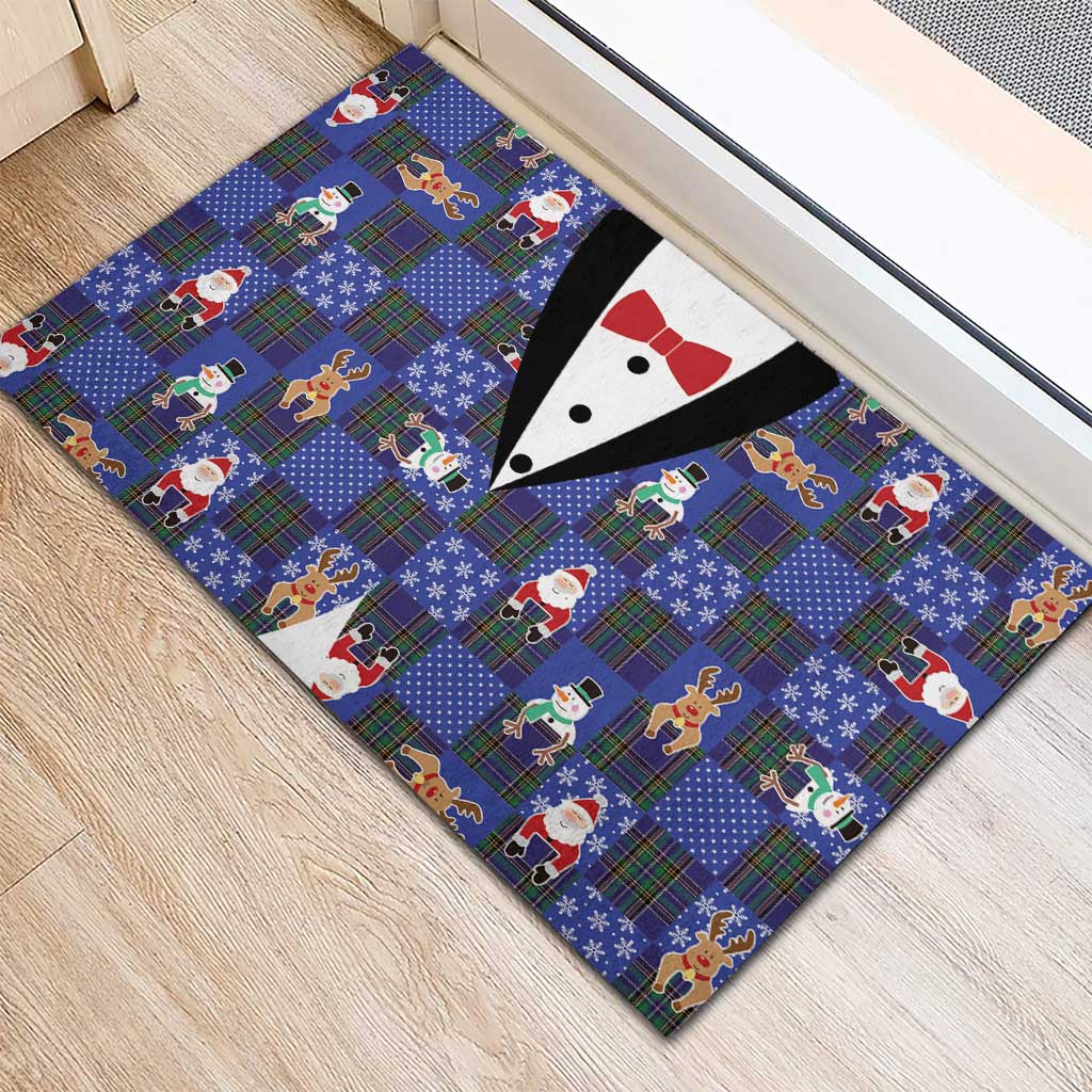 Christmas Patchwork Fake Tuxedo Rubber Doormat Santa and Reindeer Blue Plaid Style - Wonder Print Shop