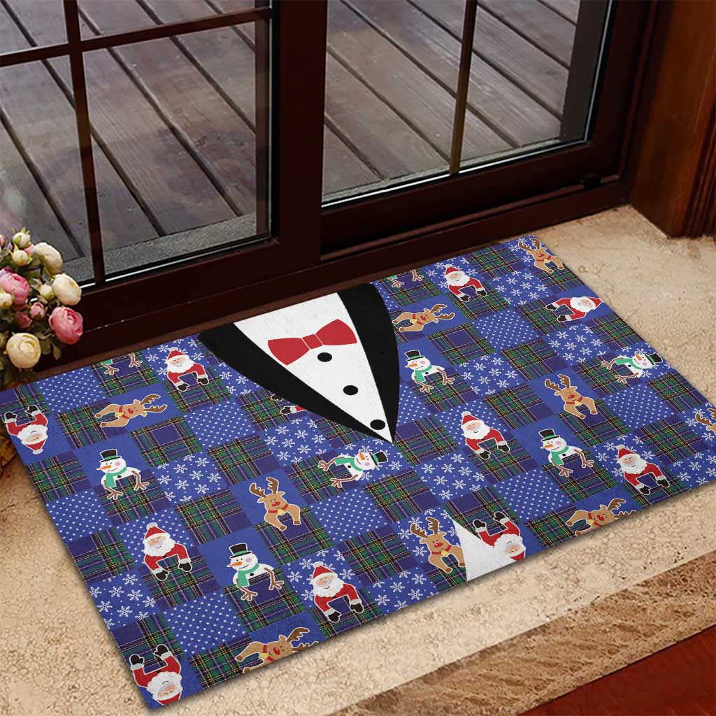 Christmas Patchwork Fake Tuxedo Rubber Doormat Santa and Reindeer Blue Plaid Style - Wonder Print Shop