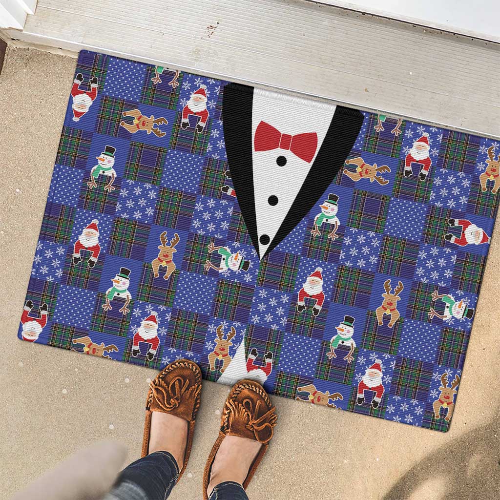 Christmas Patchwork Fake Tuxedo Rubber Doormat Santa and Reindeer Blue Plaid Style - Wonder Print Shop