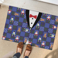 Christmas Patchwork Fake Tuxedo Rubber Doormat Santa and Reindeer Blue Plaid Style - Wonder Print Shop