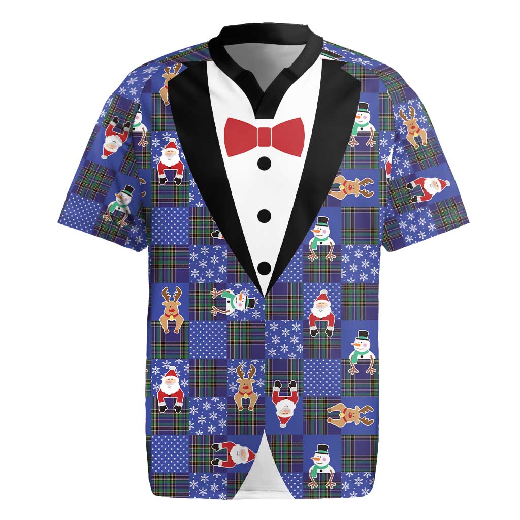 Christmas Patchwork Fake Tuxedo Rugby Jersey Santa and Reindeer Blue Plaid Style - Wonder Print Shop