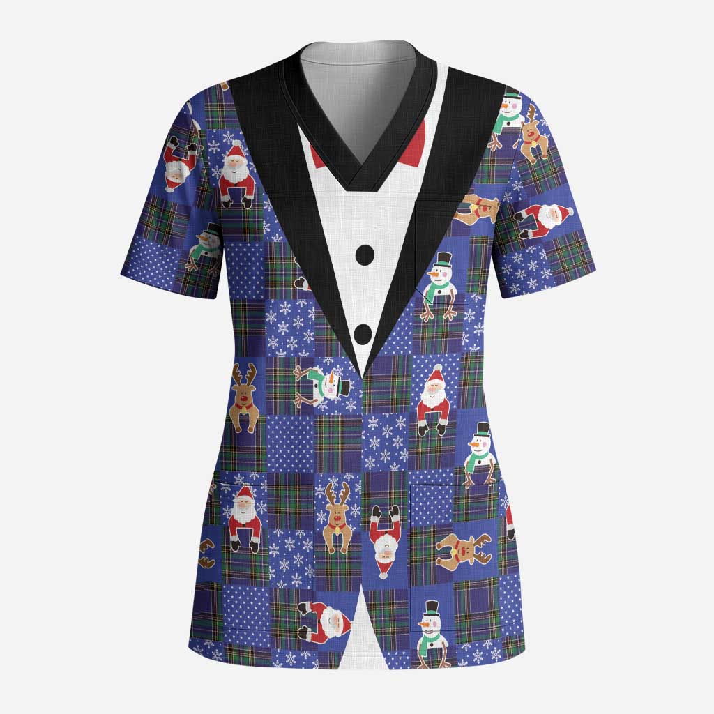 Christmas Patchwork Fake Tuxedo Scrub Top Santa and Reindeer Blue Plaid Style - Wonder Print Shop