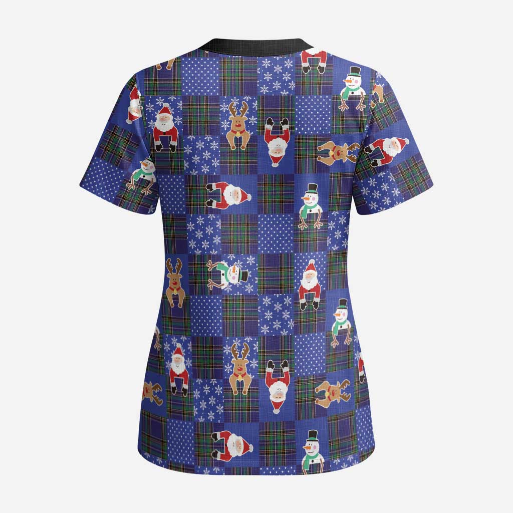 Christmas Patchwork Fake Tuxedo Scrub Top Santa and Reindeer Blue Plaid Style - Wonder Print Shop