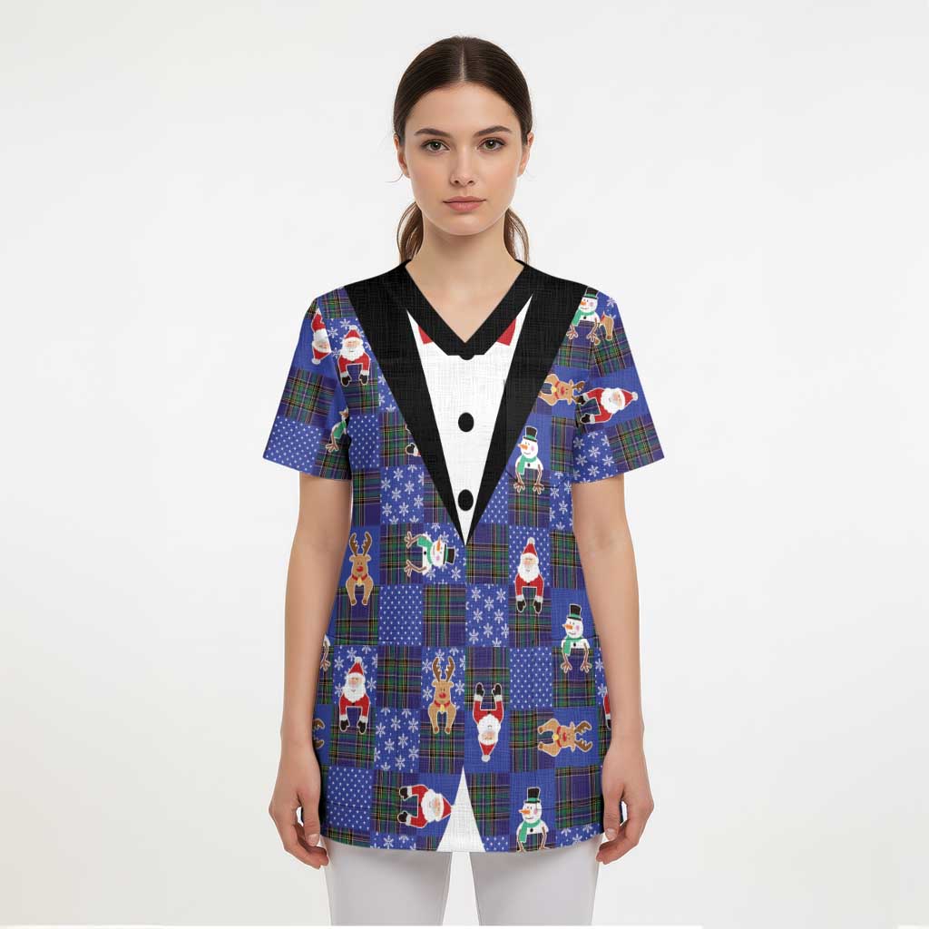 Christmas Patchwork Fake Tuxedo Scrub Top Santa and Reindeer Blue Plaid Style - Wonder Print Shop