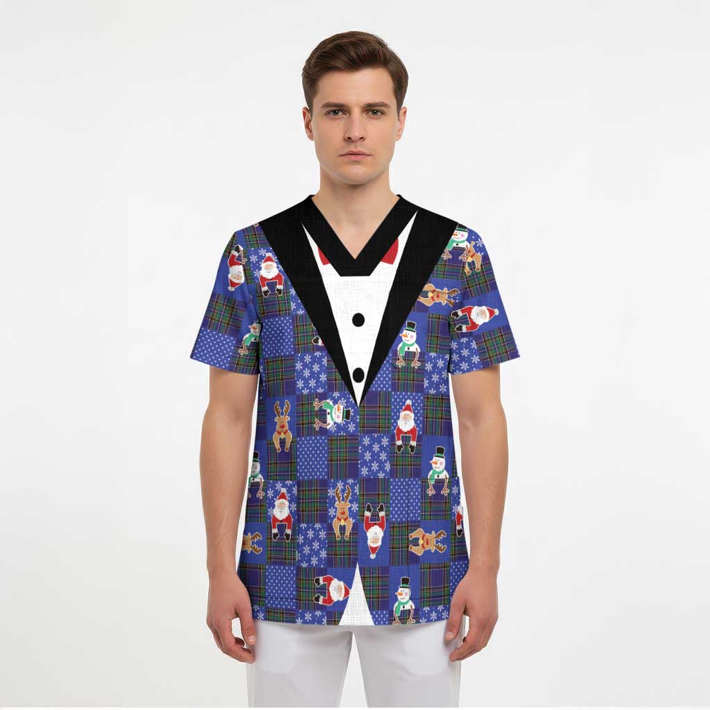 Christmas Patchwork Fake Tuxedo Scrub Top Santa and Reindeer Blue Plaid Style - Wonder Print Shop