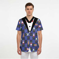 Christmas Patchwork Fake Tuxedo Scrub Top Santa and Reindeer Blue Plaid Style - Wonder Print Shop