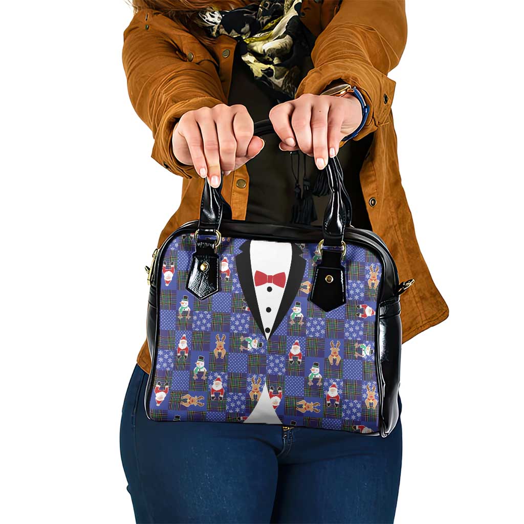 Christmas Patchwork Fake Tuxedo Shoulder Handbag Santa and Reindeer Blue Plaid Style - Wonder Print Shop