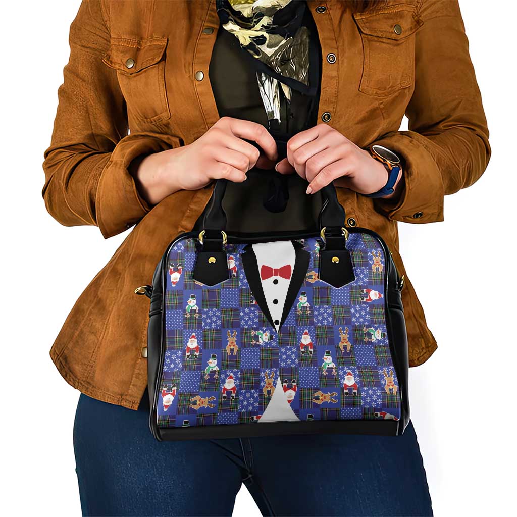 Christmas Patchwork Fake Tuxedo Shoulder Handbag Santa and Reindeer Blue Plaid Style - Wonder Print Shop