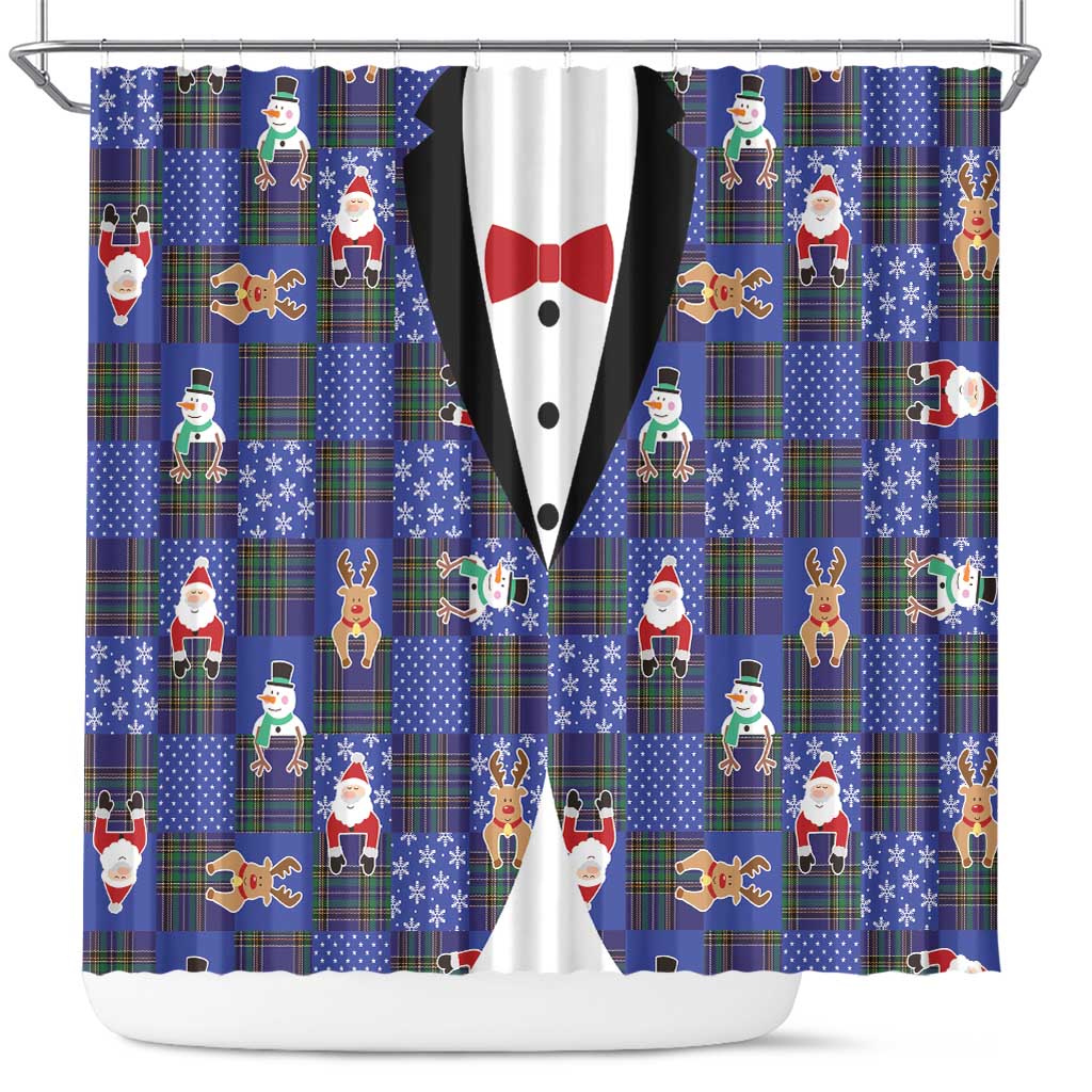 Christmas Patchwork Fake Tuxedo Shower Curtain Santa and Reindeer Blue Plaid Style - Wonder Print Shop