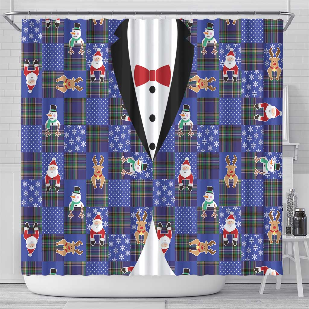 Christmas Patchwork Fake Tuxedo Shower Curtain Santa and Reindeer Blue Plaid Style - Wonder Print Shop