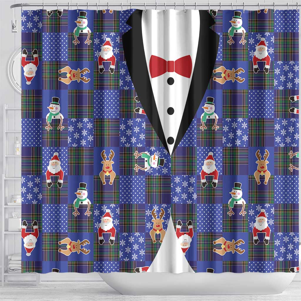 Christmas Patchwork Fake Tuxedo Shower Curtain Santa and Reindeer Blue Plaid Style - Wonder Print Shop