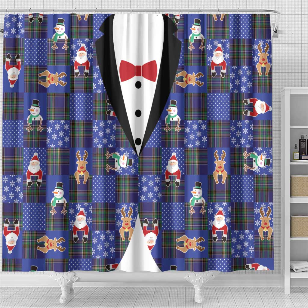 Christmas Patchwork Fake Tuxedo Shower Curtain Santa and Reindeer Blue Plaid Style - Wonder Print Shop