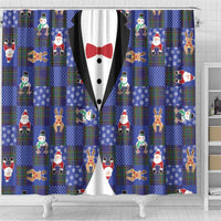 Christmas Patchwork Fake Tuxedo Shower Curtain Santa and Reindeer Blue Plaid Style - Wonder Print Shop