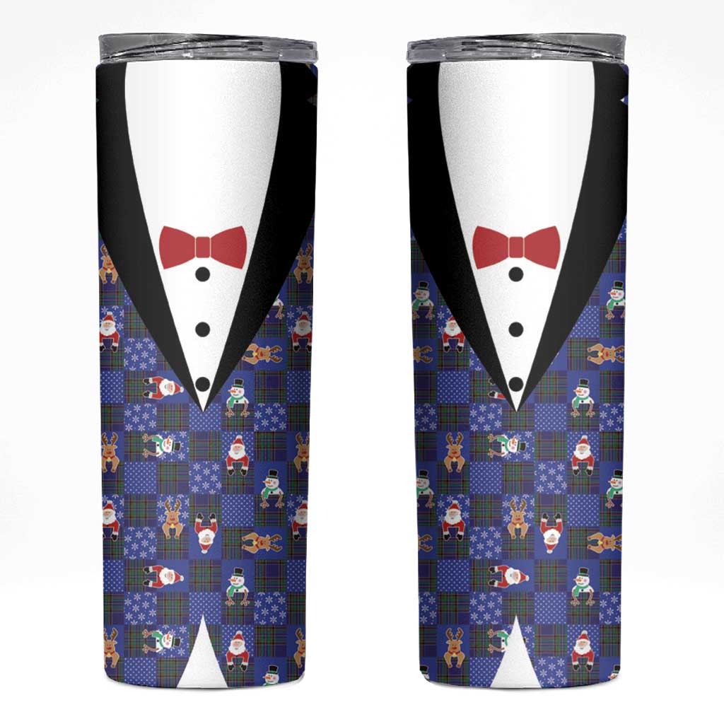 Christmas Patchwork Fake Tuxedo Skinny Tumbler Santa and Reindeer Blue Plaid Style - Wonder Print Shop
