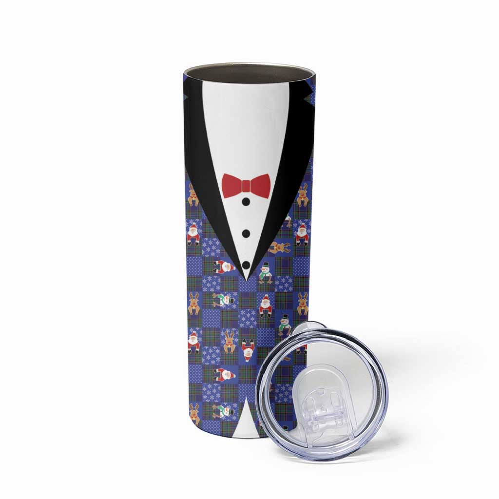 Christmas Patchwork Fake Tuxedo Skinny Tumbler Santa and Reindeer Blue Plaid Style - Wonder Print Shop