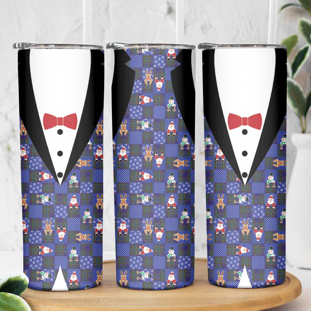 Christmas Patchwork Fake Tuxedo Skinny Tumbler Santa and Reindeer Blue Plaid Style - Wonder Print Shop
