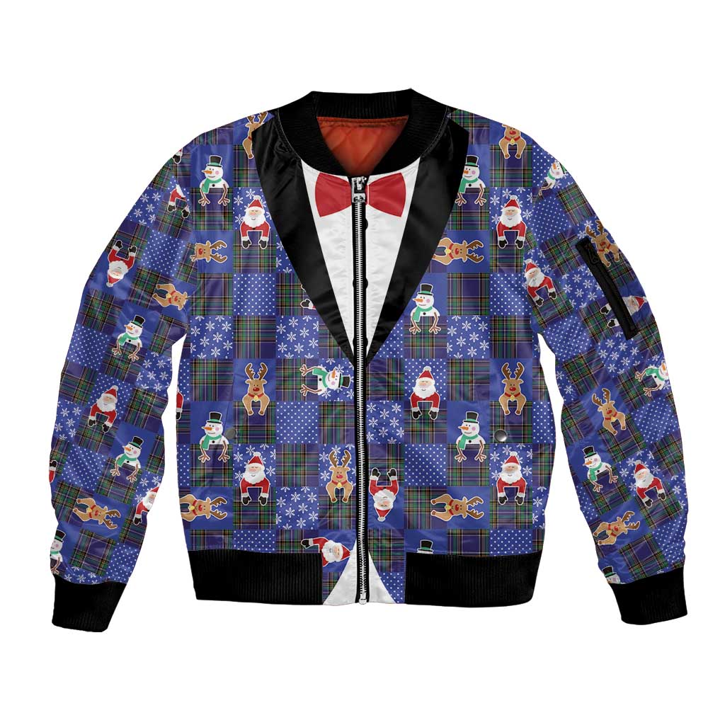Christmas Patchwork Fake Tuxedo Sleeve Zip Bomber Jacket Santa and Reindeer Blue Plaid Style - Wonder Print Shop