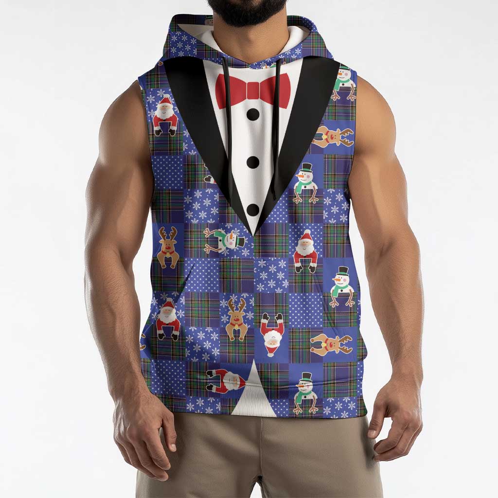 Christmas Patchwork Fake Tuxedo Sleeveless Hoodie Santa and Reindeer Blue Plaid Style - Wonder Print Shop