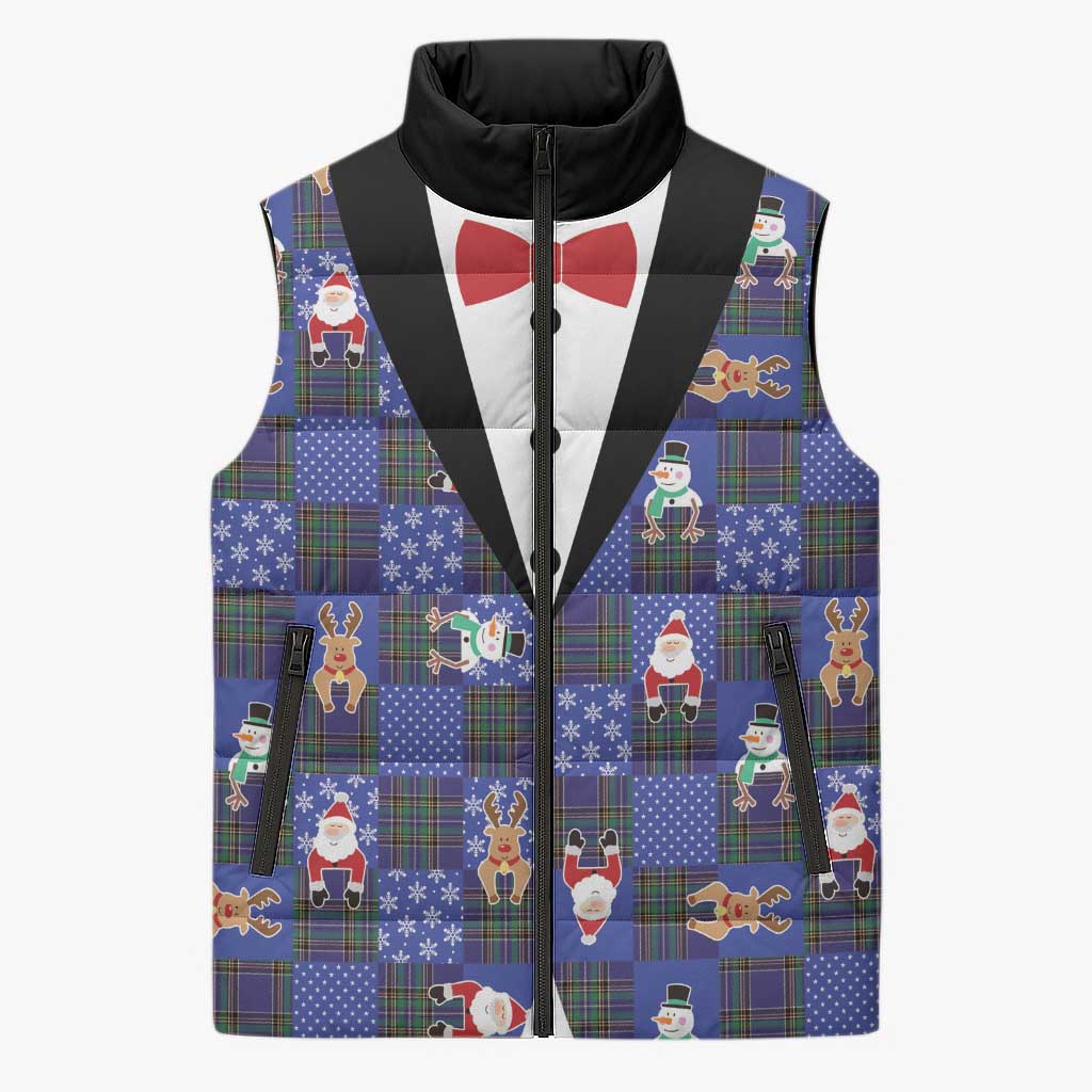 Christmas Patchwork Fake Tuxedo Sleeveless Puffer Jacket Santa and Reindeer Blue Plaid Style - Wonder Print Shop