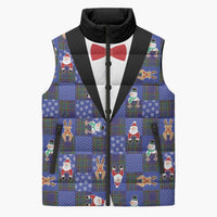 Christmas Patchwork Fake Tuxedo Sleeveless Puffer Jacket Santa and Reindeer Blue Plaid Style - Wonder Print Shop
