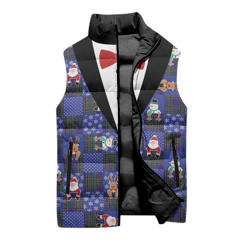 Christmas Patchwork Fake Tuxedo Sleeveless Puffer Jacket Santa and Reindeer Blue Plaid Style - Wonder Print Shop