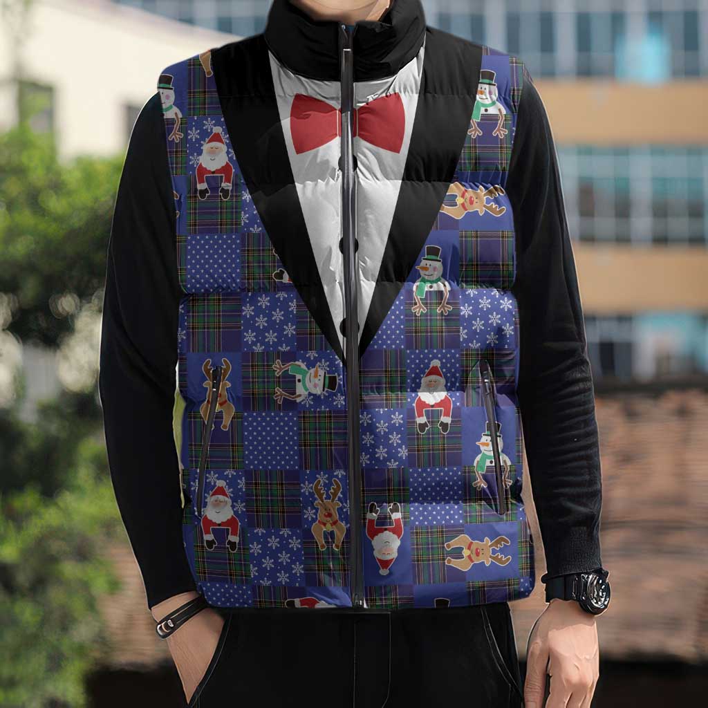 Christmas Patchwork Fake Tuxedo Sleeveless Puffer Jacket Santa and Reindeer Blue Plaid Style - Wonder Print Shop