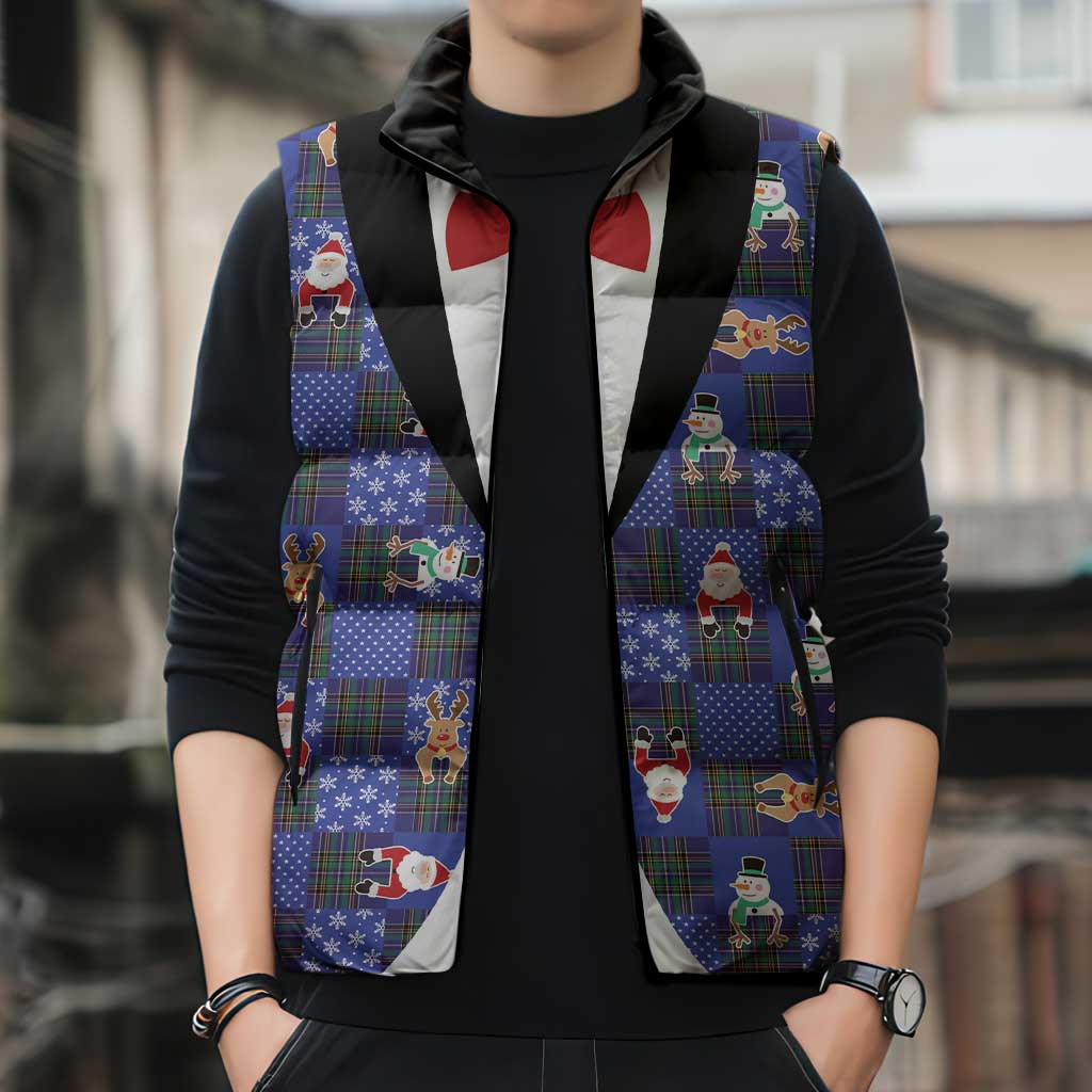 Christmas Patchwork Fake Tuxedo Sleeveless Puffer Jacket Santa and Reindeer Blue Plaid Style - Wonder Print Shop