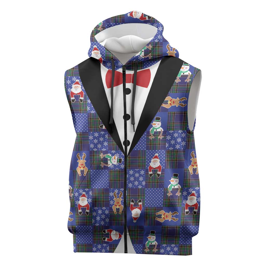 Christmas Patchwork Fake Tuxedo Sleeveless Zip Hoodie Santa and Reindeer Blue Plaid Style - Wonder Print Shop