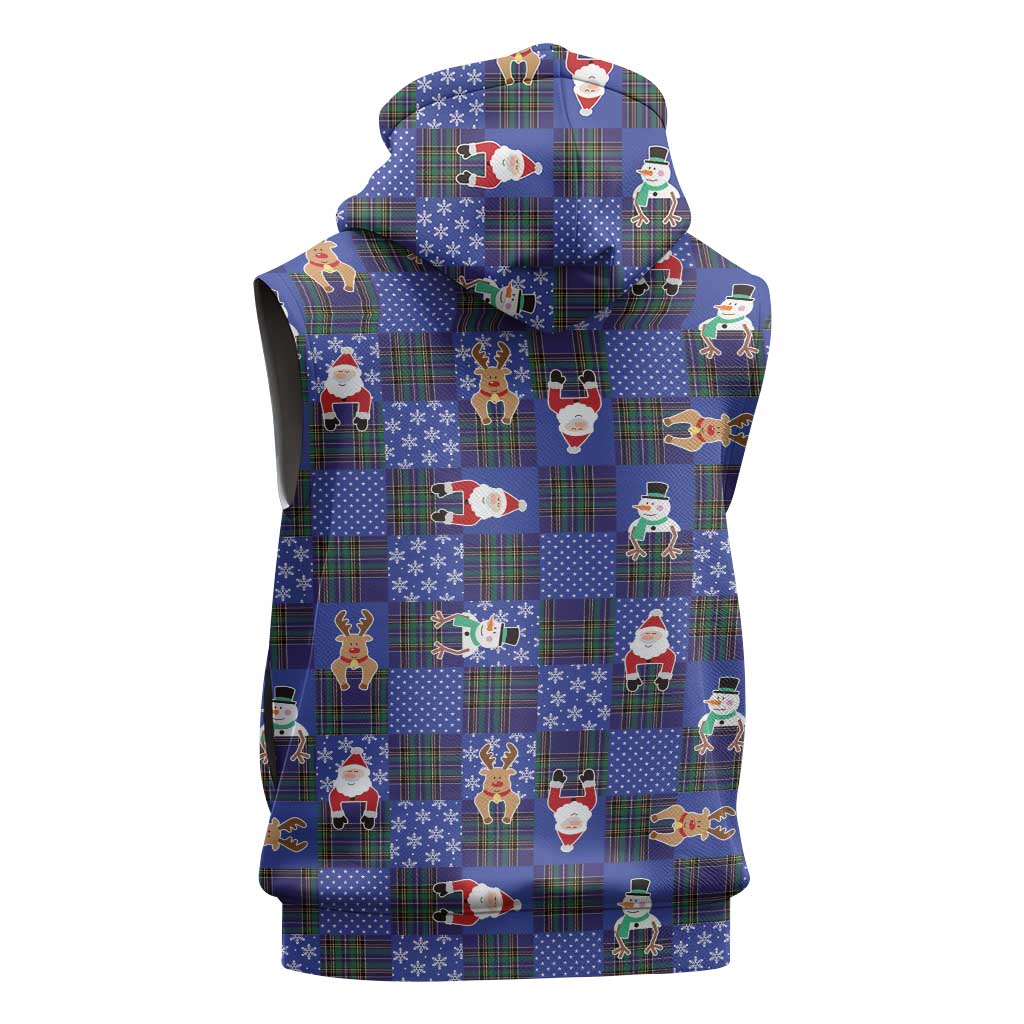 Christmas Patchwork Fake Tuxedo Sleeveless Zip Hoodie Santa and Reindeer Blue Plaid Style - Wonder Print Shop