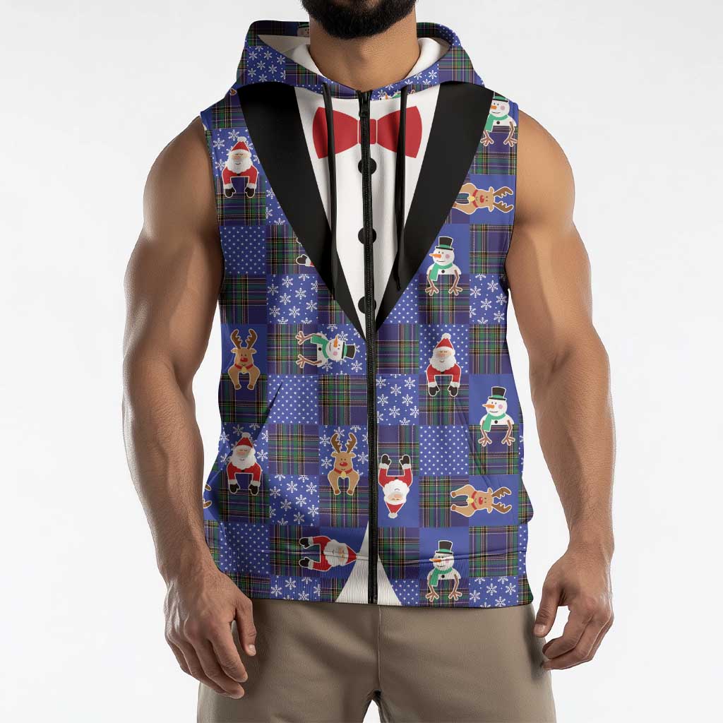 Christmas Patchwork Fake Tuxedo Sleeveless Zip Hoodie Santa and Reindeer Blue Plaid Style - Wonder Print Shop